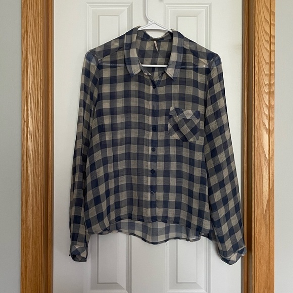 Free People Sheer Gauzy Blue Cream Plaid Print Button Front Shirt Size Medium - Picture 1 of 6